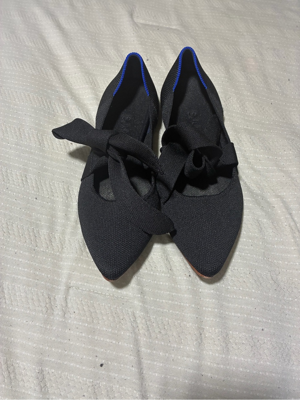Rothy's Black Pointed Knit Tie-Front Flats with Blue Trim